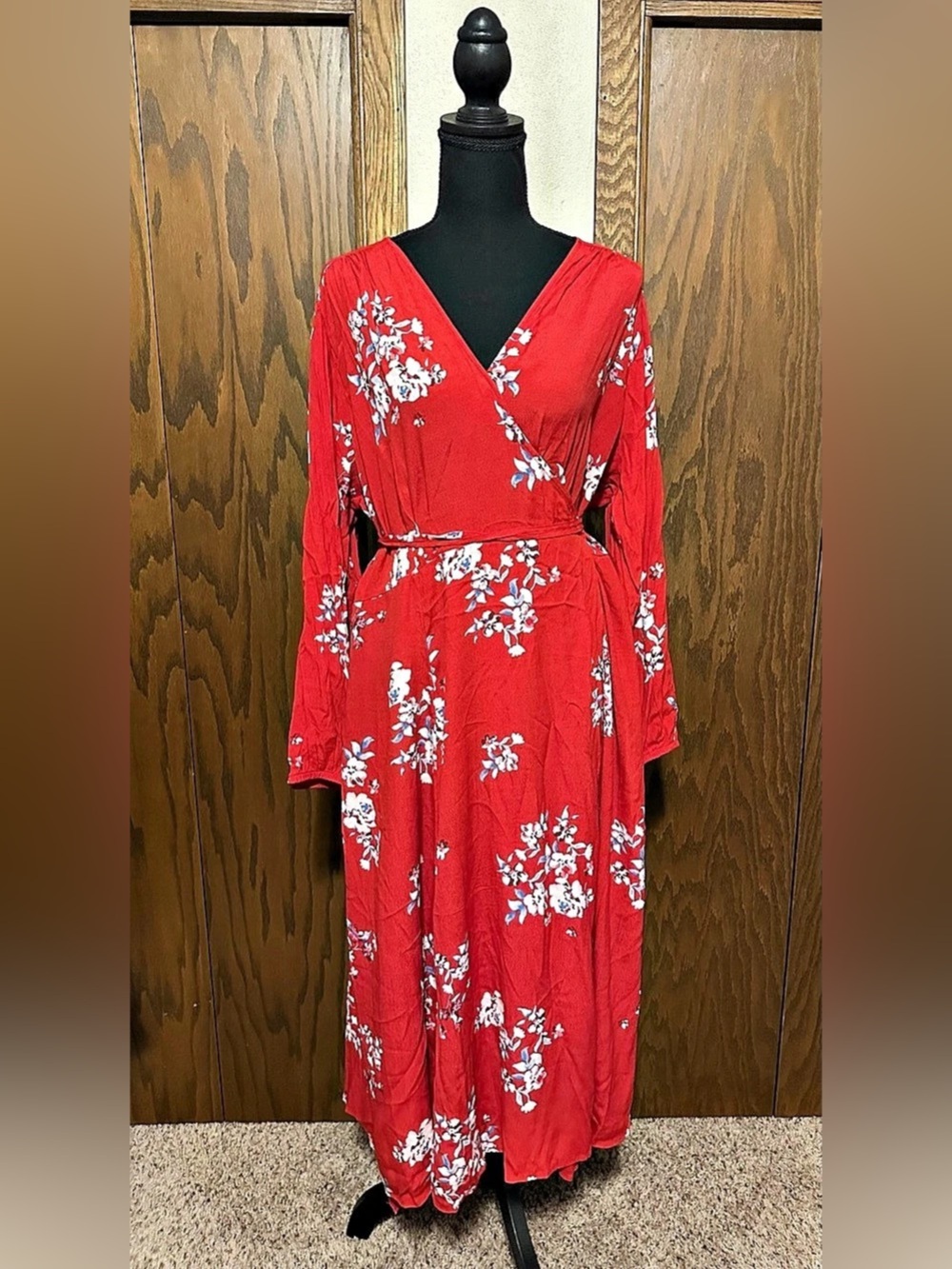 NWOT GAP Floral Long Sleeve Wrap Dress Floral Midi Red & White XXL